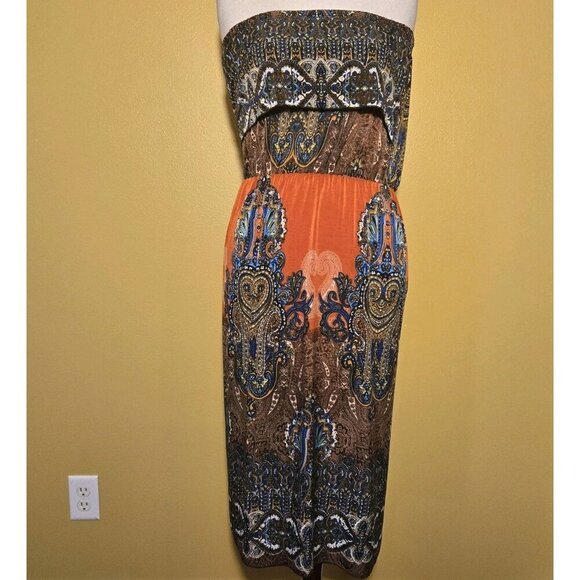Vibrant Orange Blue Magenta Paisley Strapless Smocked Midi Dress Small Elastic. - Picture 1 of 6